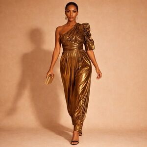 Metallic Gold One Shoulder Jumpsuit Draped Lamé Statement Wide Leg Glam Party